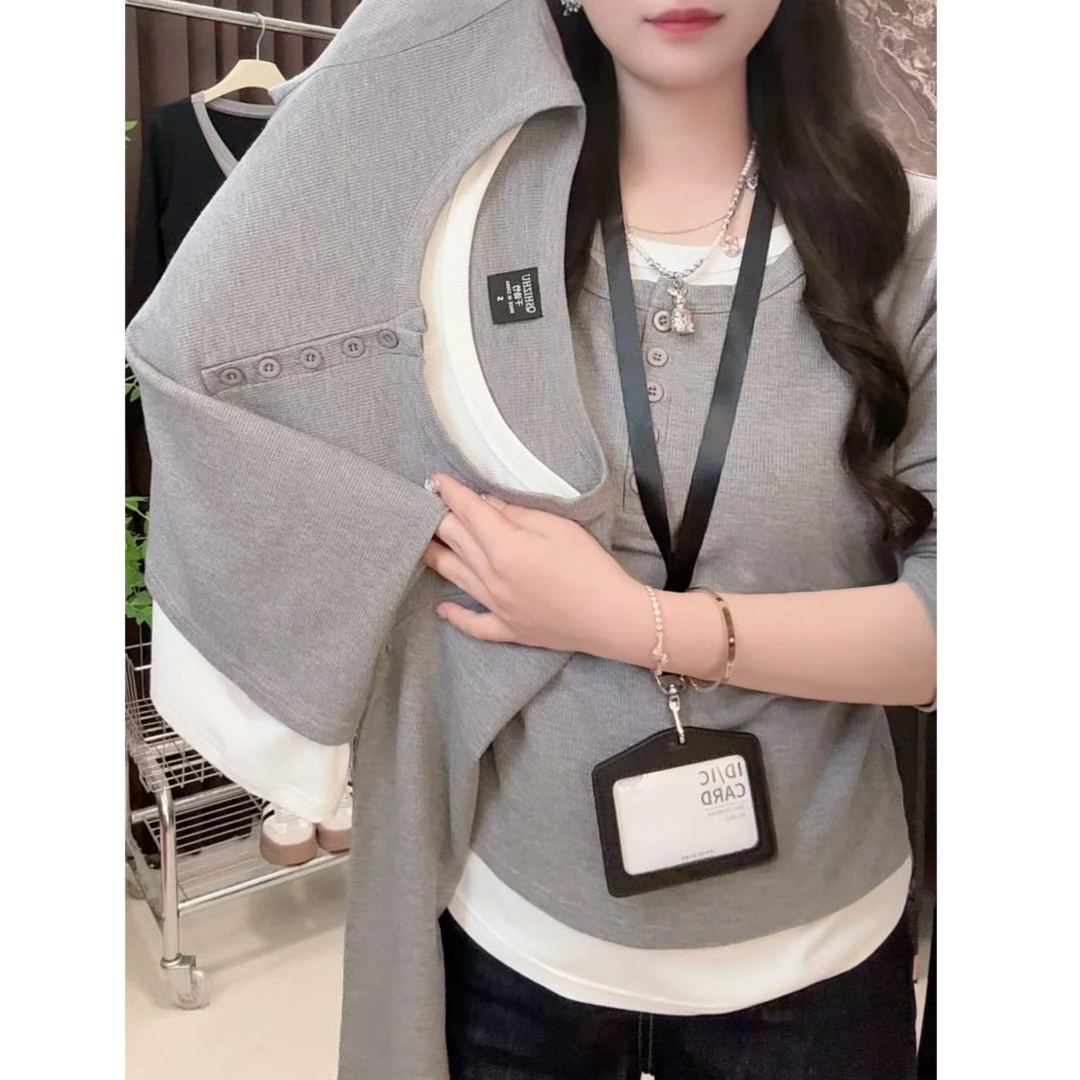 9071#灰色假两件长袖t恤女2025春季新款时尚百搭内搭打底衫上衣