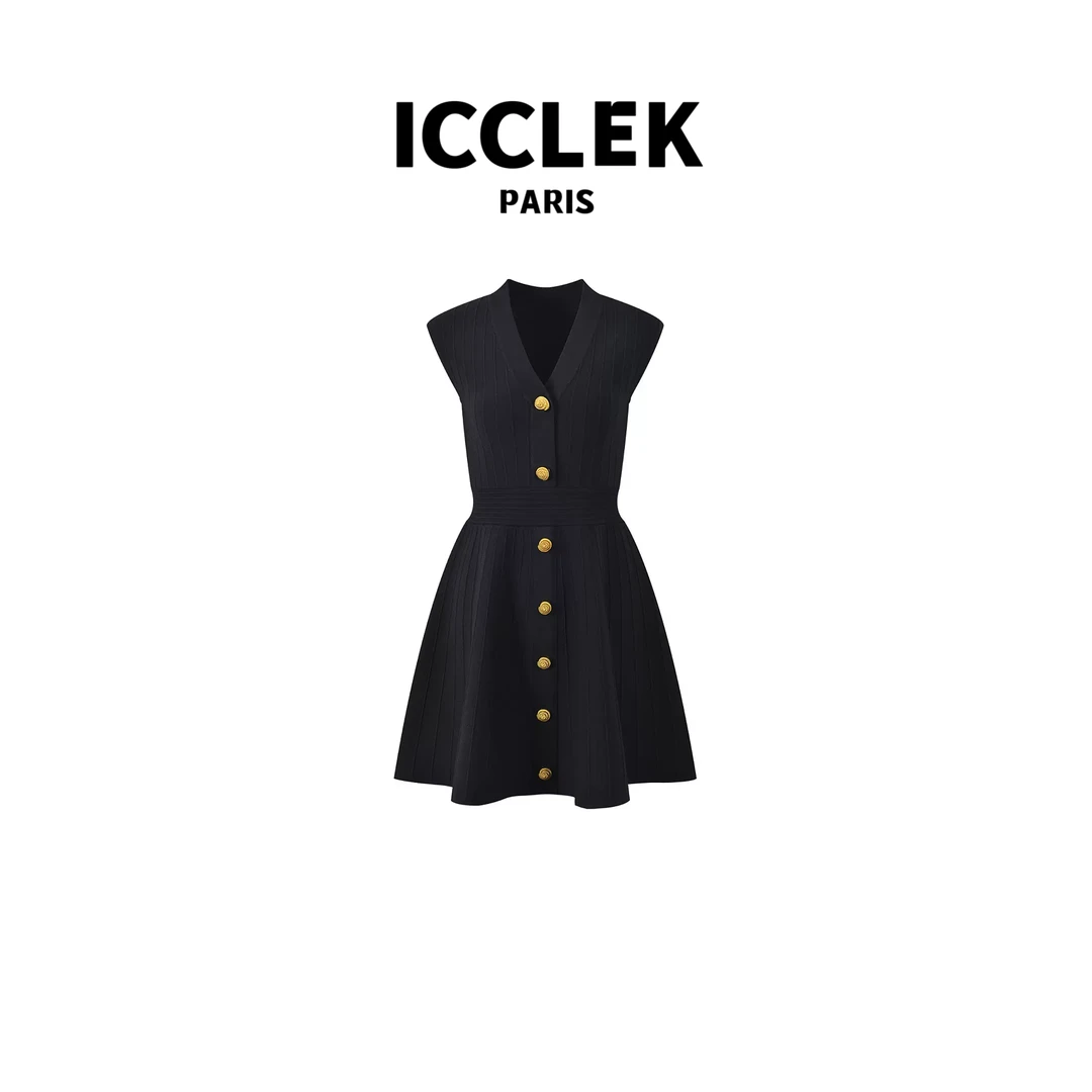 ICCLEK V领无袖黑色连衣裙轻奢气质针织显瘦百搭名媛连衣裙 -1302