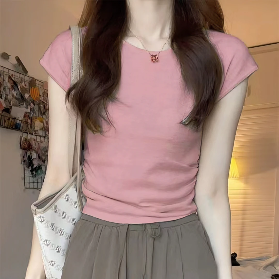 纯欲正肩粉色t恤女夏季短袖短款ins百搭甜辣妹洋气显瘦小飞袖上衣