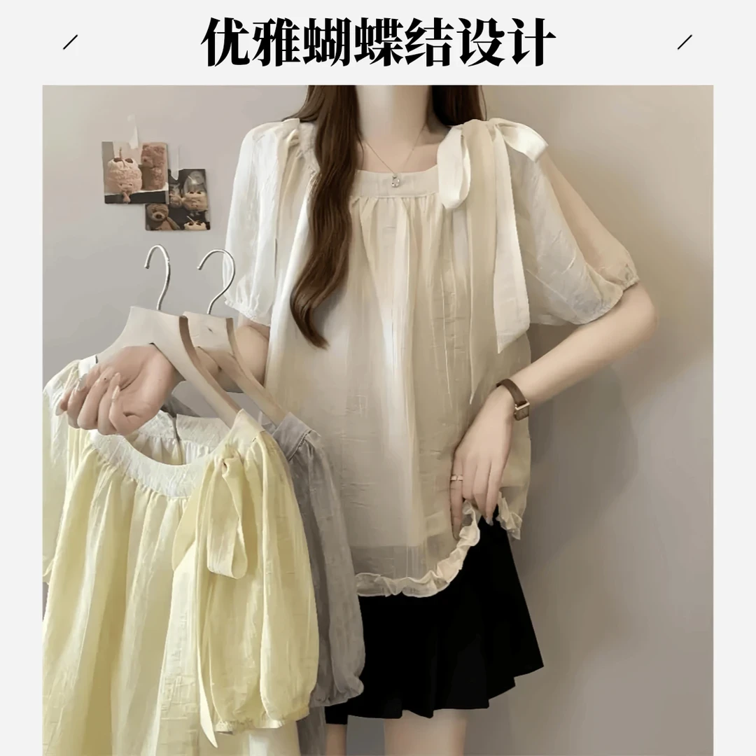 大码高级感蝴蝶结系带雪纺短袖衬衫女夏胖mm木耳边下摆娃娃衫上衣