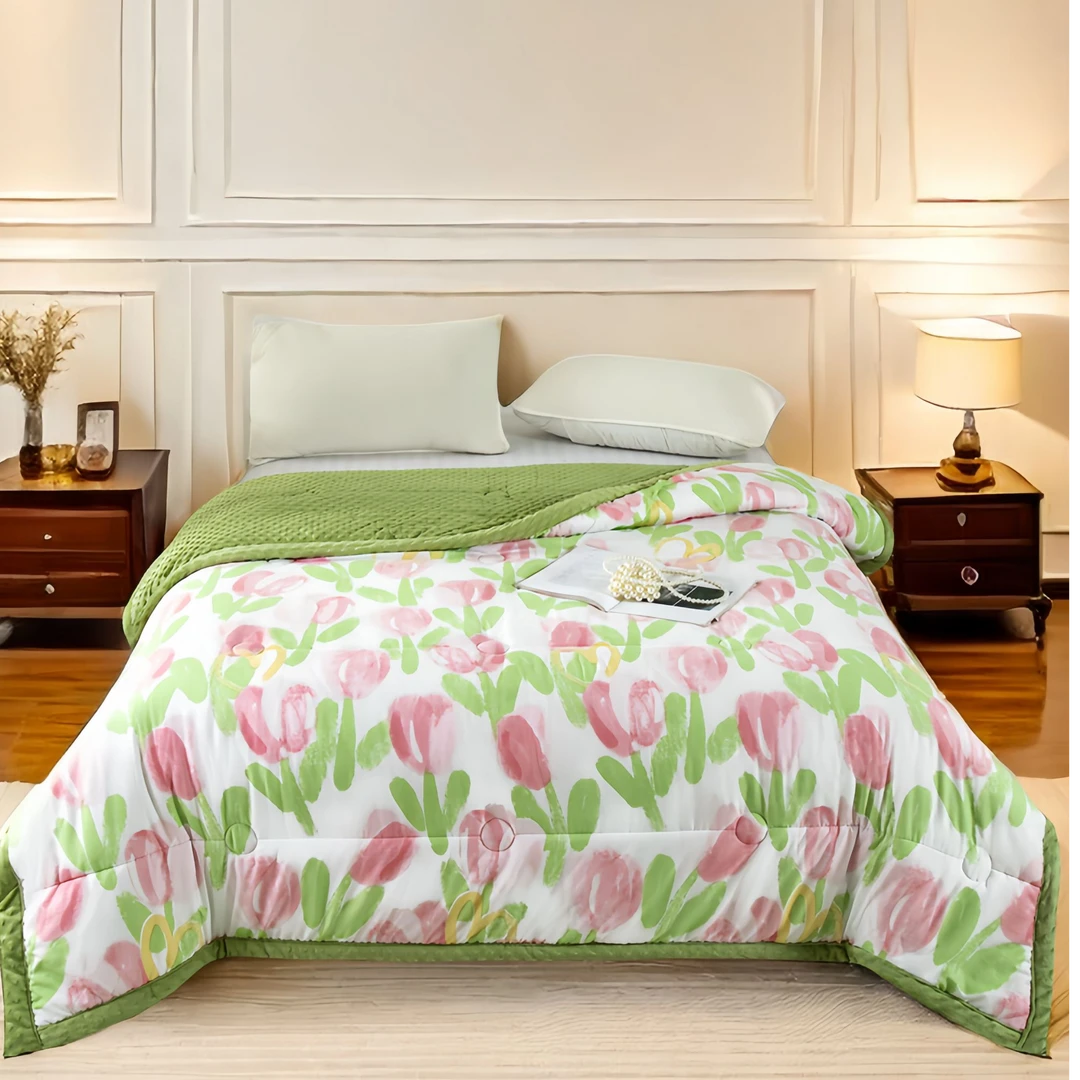 【免费试睡15天】新款印花舒适豆豆绒被子轻盈版四季被粉郁金香