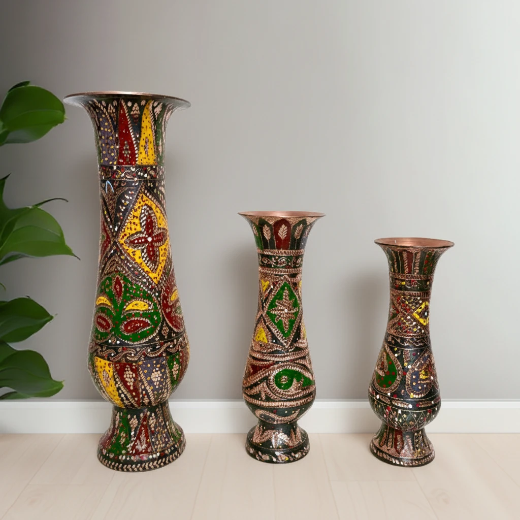 纯铜【手工錾刻】纯手工摆件彩色花瓶 民族风 家用 日常送礼