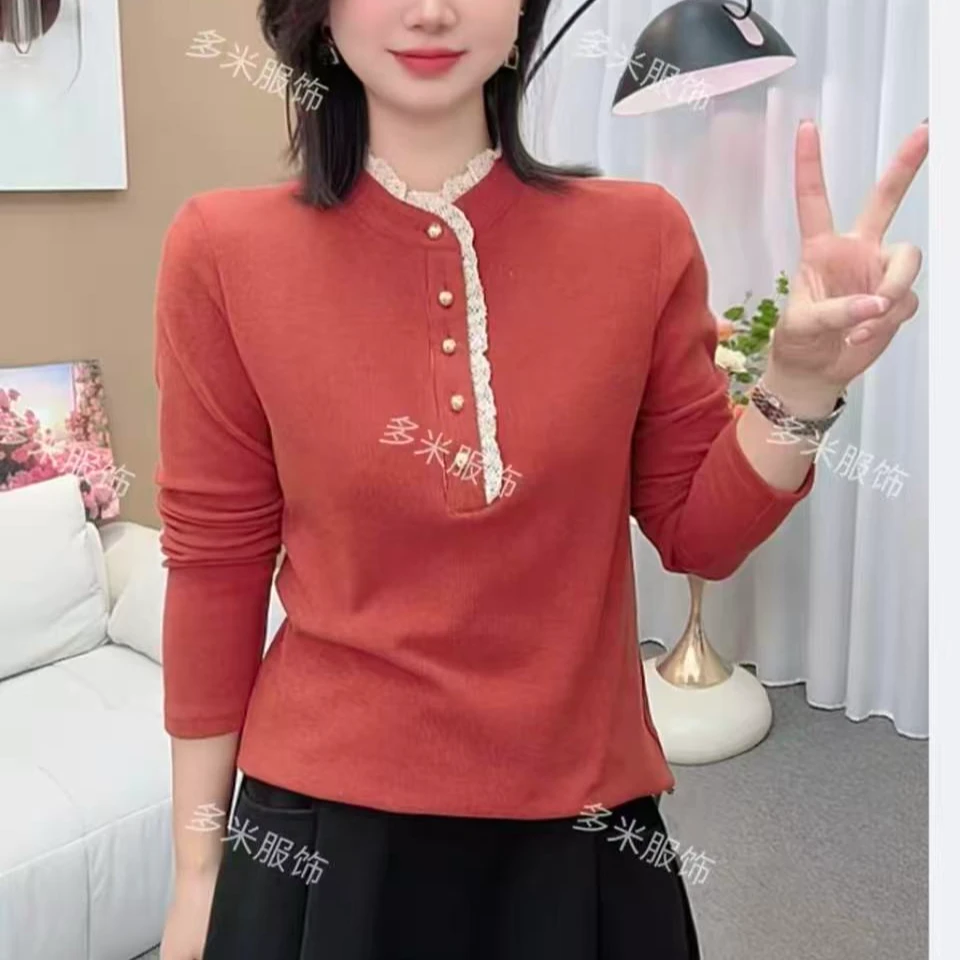 冬季新品女士上衣时尚洋气百搭气质减龄蕾丝木耳边长袖衬衫