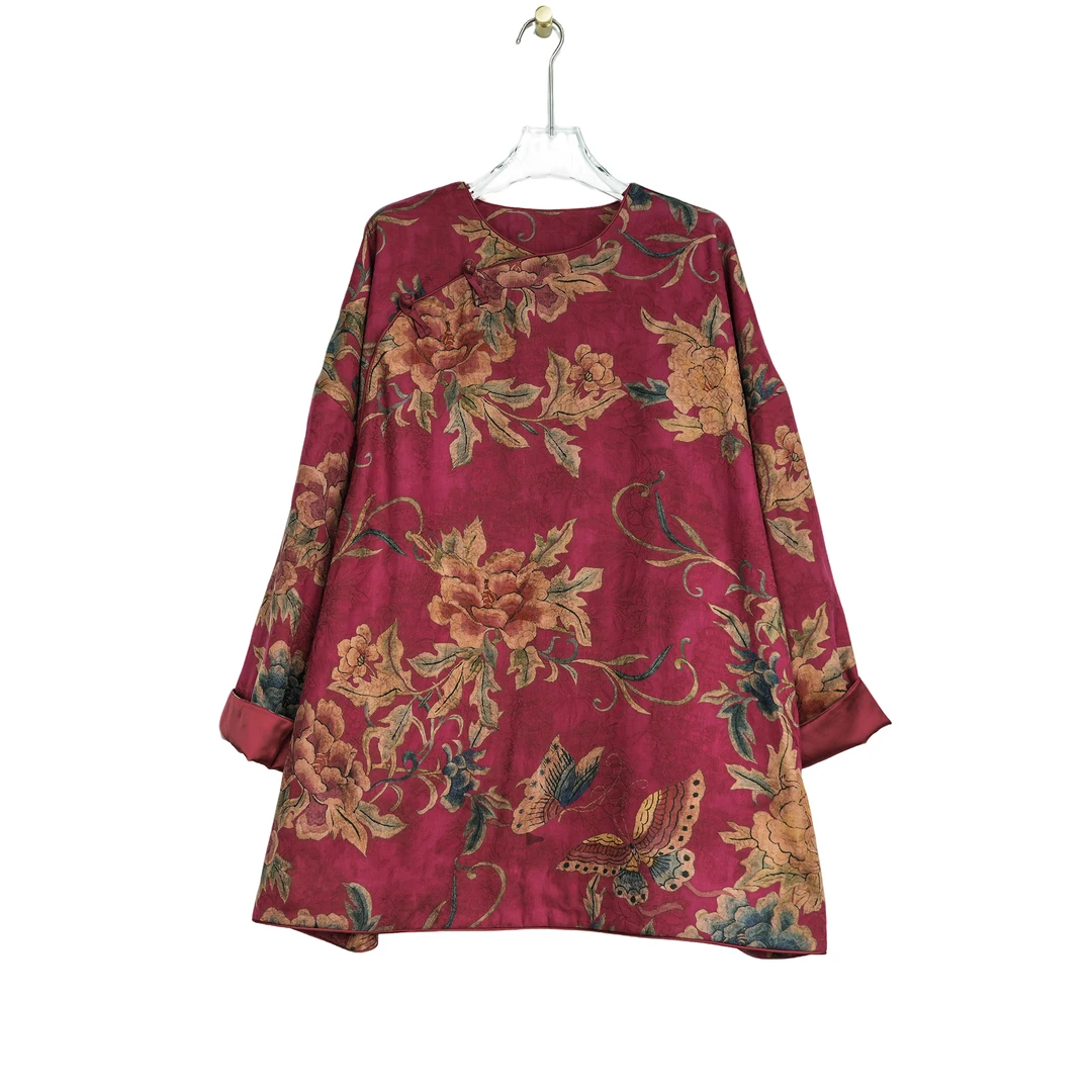 大码40姆米双面提花重磅香云纱手工盘扣圆领偏襟套头上衣8832