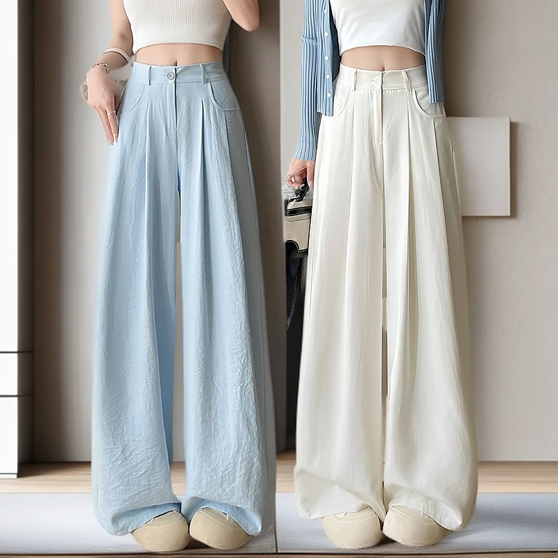 白色西装奶芙裤女夏季薄款高腰显瘦垂感宽松小个子纯欲慵懒风女装