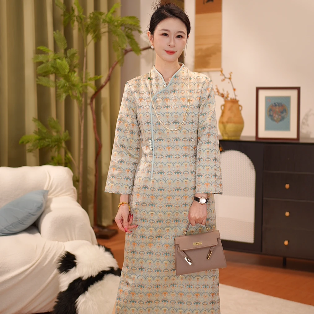 【贺贺·鱼鳞杂宝】桑蚕丝宋锦气质时尚旗袍裙日常新中式