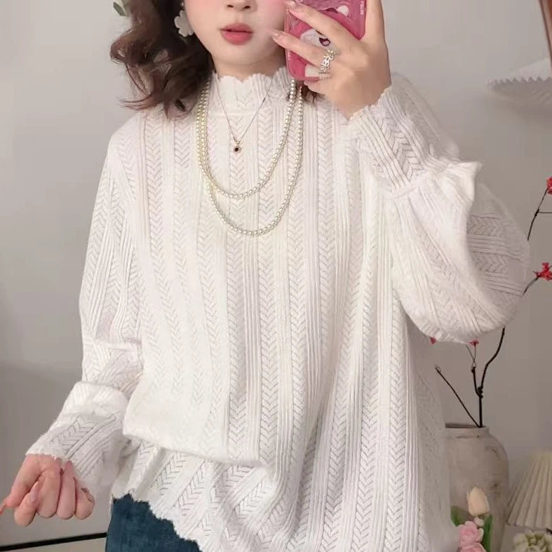 百搭半高领纯色蕾丝磨毛打底秋冬气质镂空大码花边打底衫20870