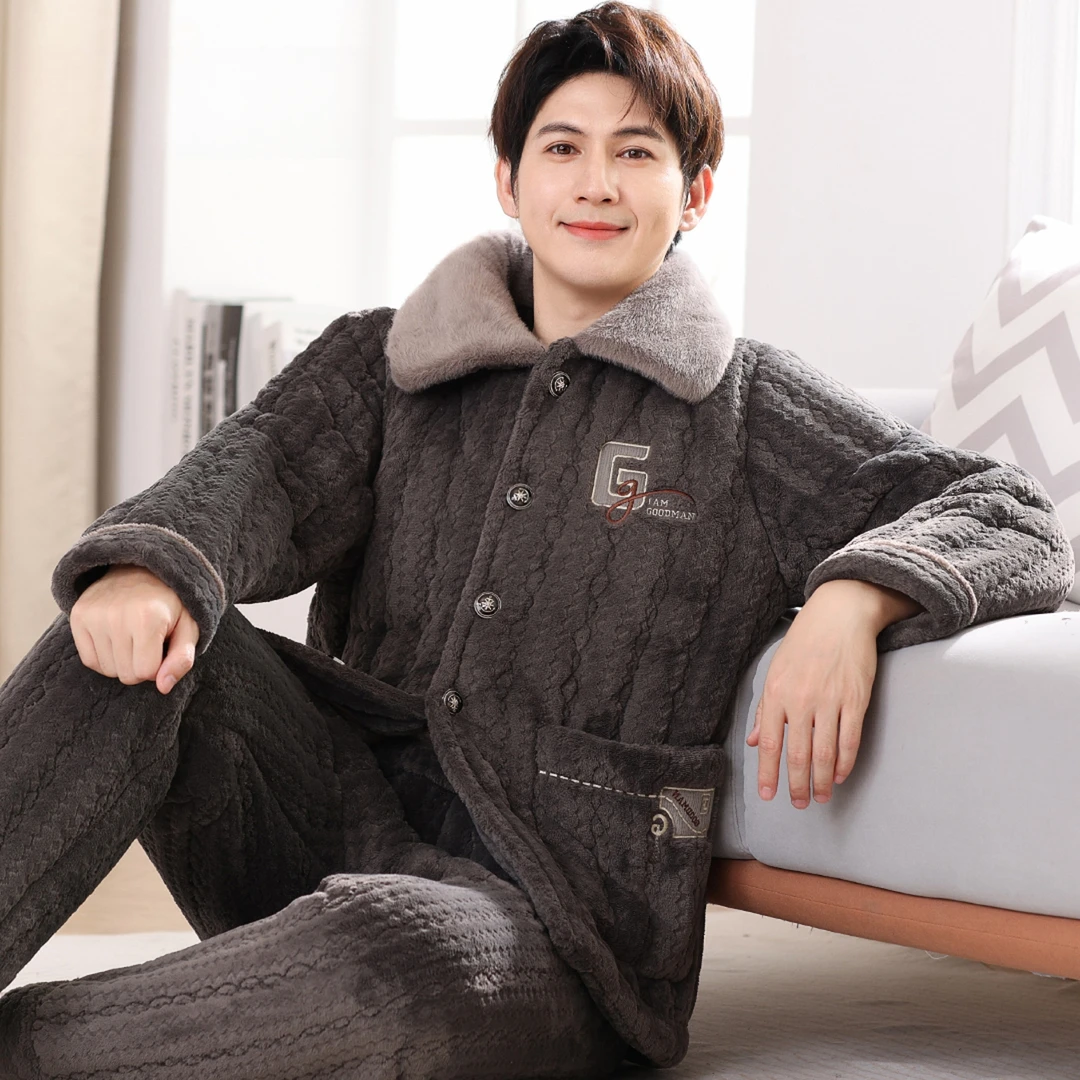 【A137冬季加大新款特厚睡衣】男士冬季加绒加厚睡衣家居服可外穿
