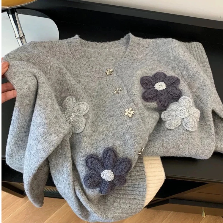 【焦糖玛奇朵】2024秋冬新款针织开衫手工缝花Y7153