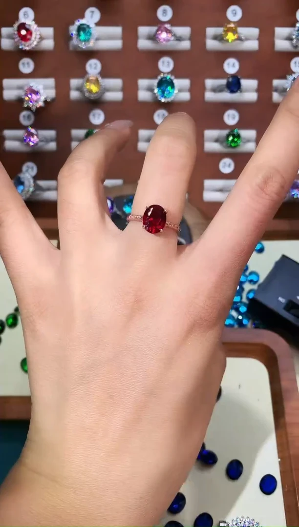 银S925镶嵌戒指红宝石810酒红玫瑰金