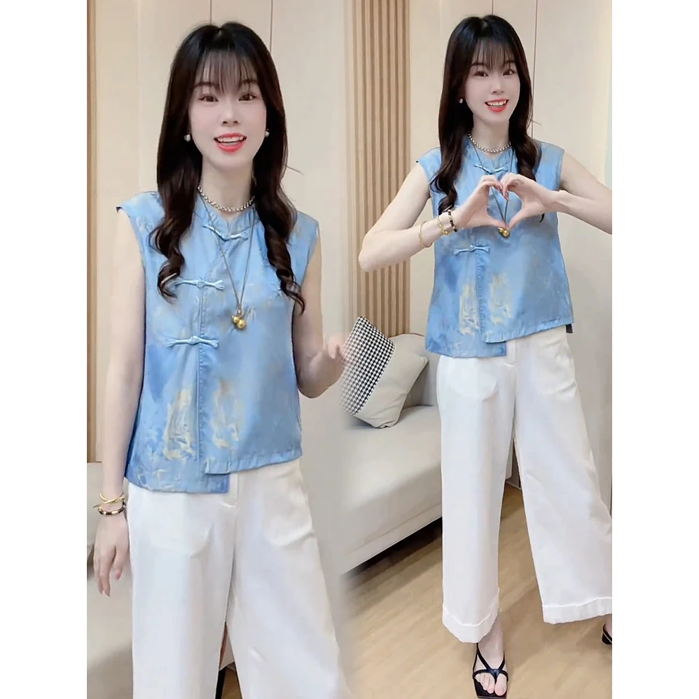 新中式时尚套装女2025夏季新款洋气显瘦无袖盘扣衬衫阔腿裤两件套
