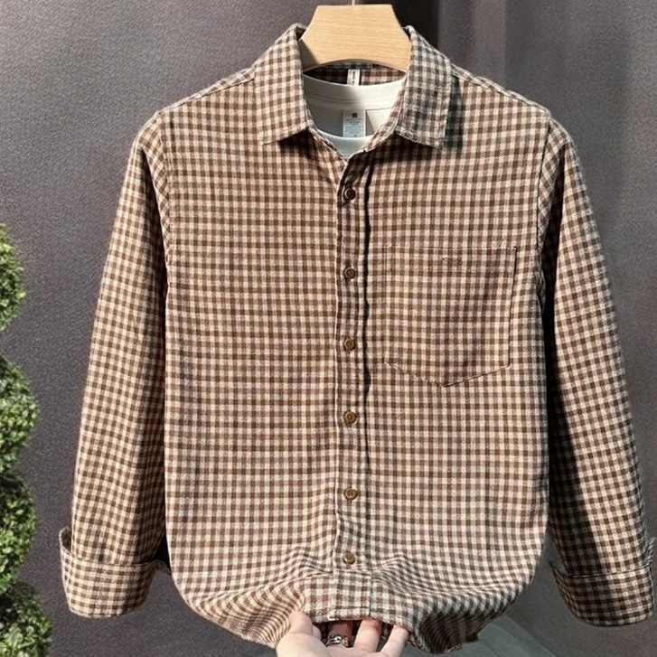 轻奢潮流日系复古格子长袖衬衫男士秋季时尚休闲百搭宽松衬衣外套
