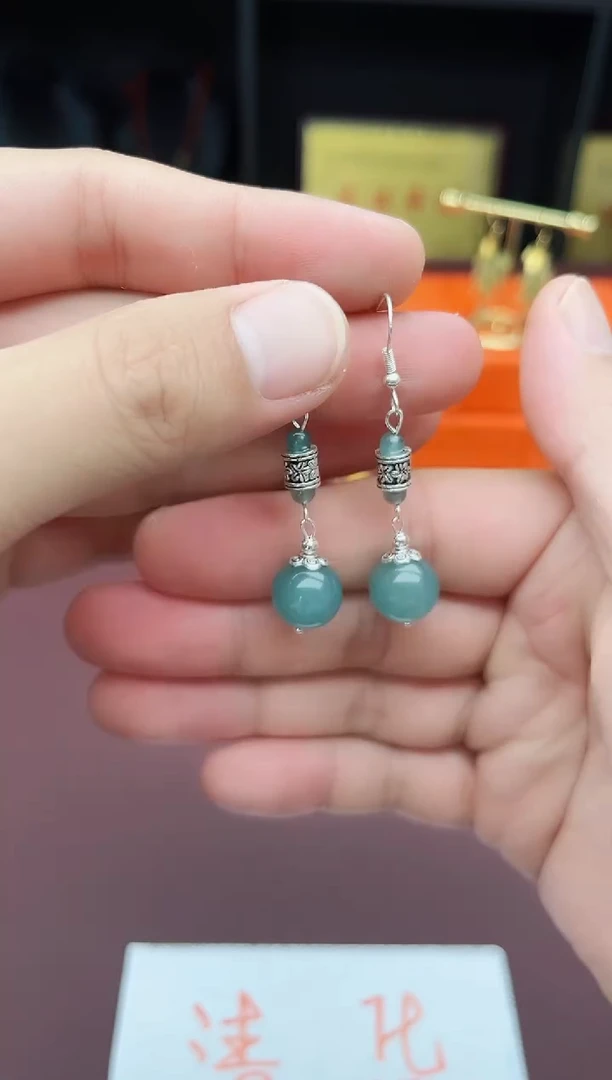 石英质玉（天山翠）银S925镶嵌耳饰4200000