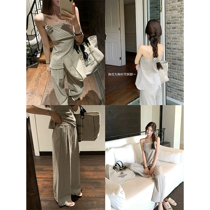 48H【小香套装】加长*立体花朵吊带条纹休闲裤两件套装 SU169