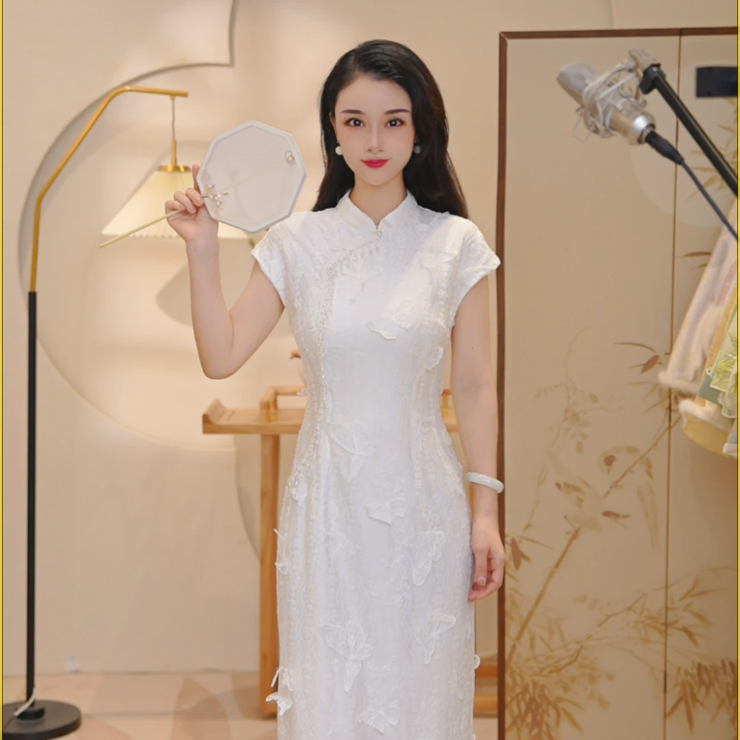 山有色 新中式中国风高级感复古气质镂空旗袍连衣裙6545