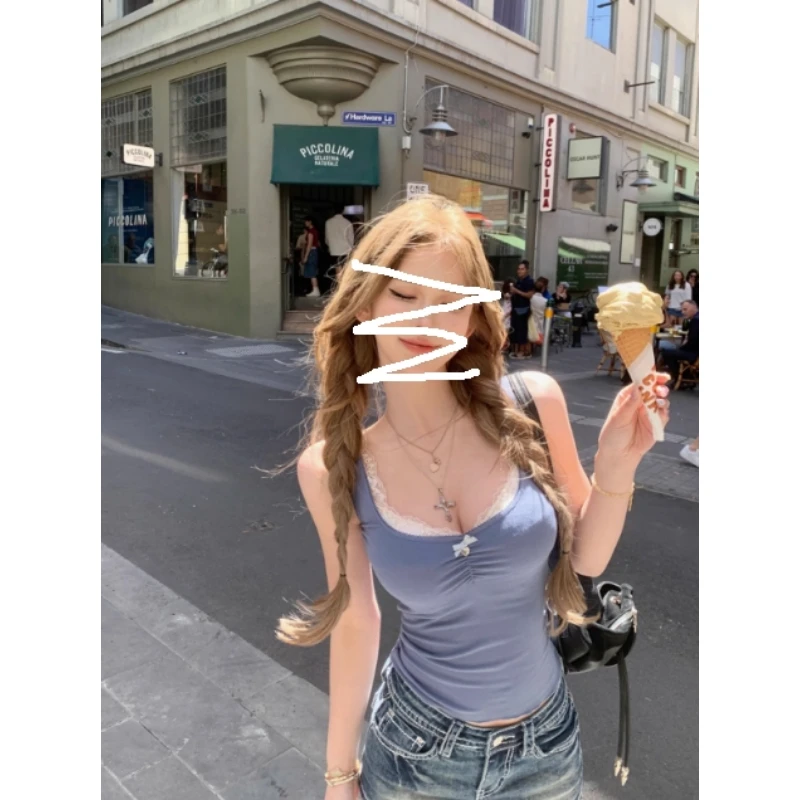 落日蜜糖 蕾丝内衣叠穿女2025春夏小花边背心吊带两件套