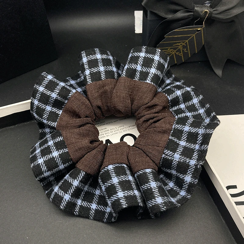 2025秋冬新款撞色格子拼接肥肠圈女韩版气质扎马尾高弹力头绳发饰