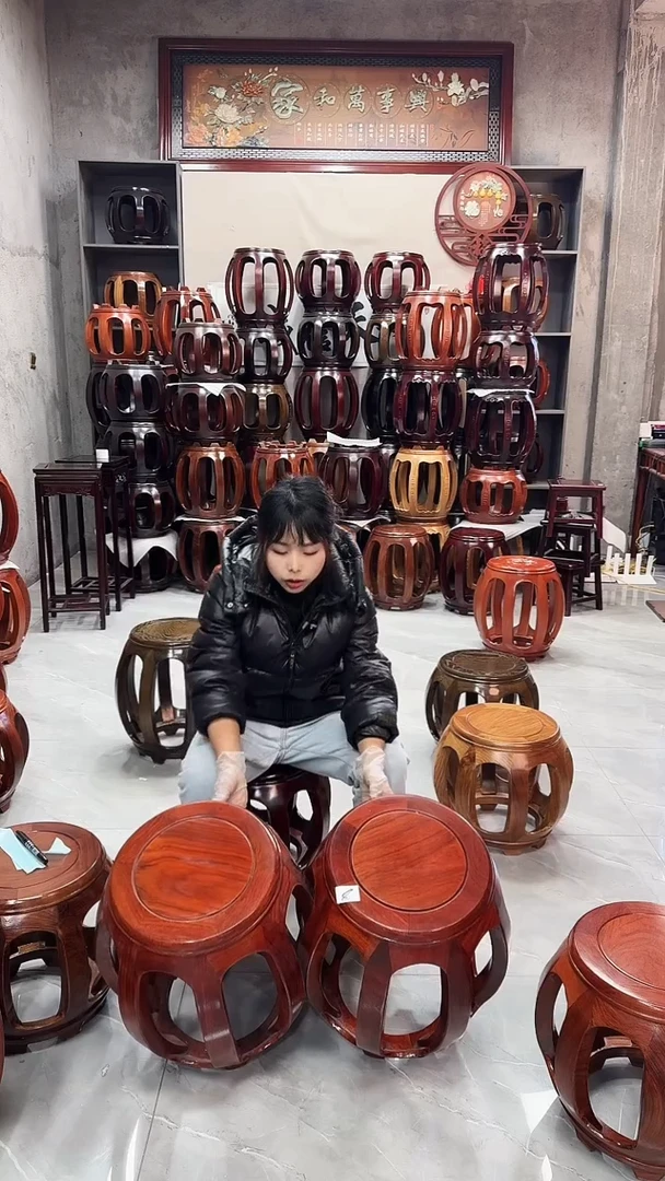 【闪购商品】花梨木类家具微瑕花梨木花梨色大号鼓凳一对8号