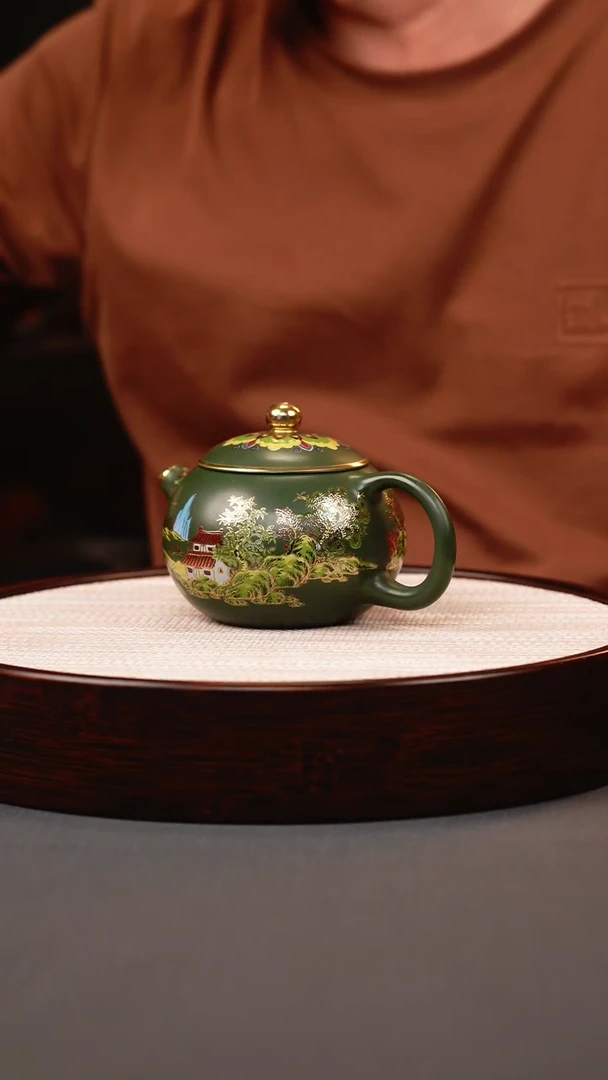 茶壶紫砂绿泥珐琅彩山水西施