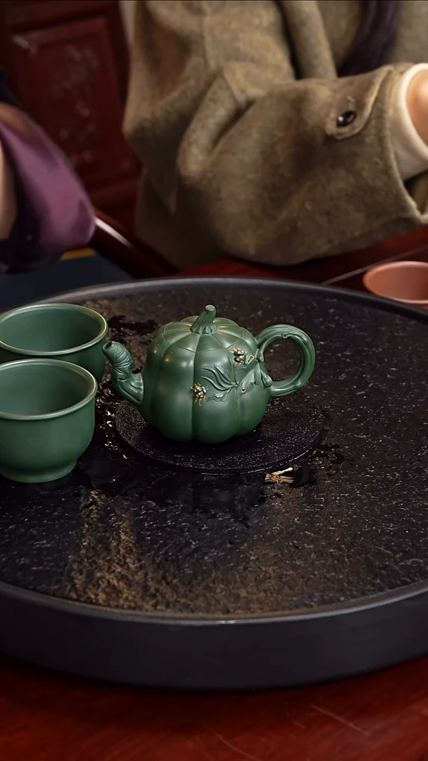 茶壶紫砂陈红 南瓜82  绿泥 150毫升 配两只绿泥杯