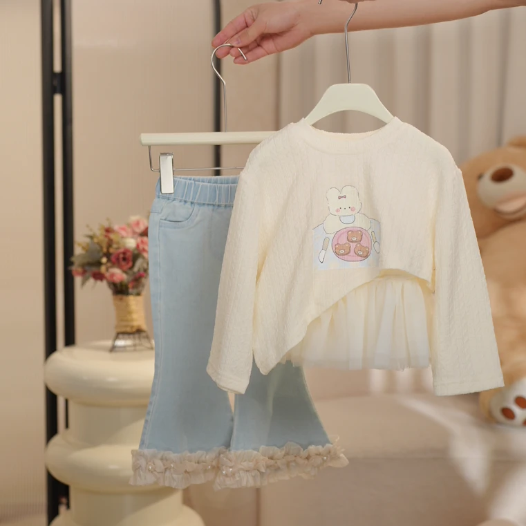 2025春季新款儿童套装 女童韩系上衣+打底背心+花边微喇牛仔裤