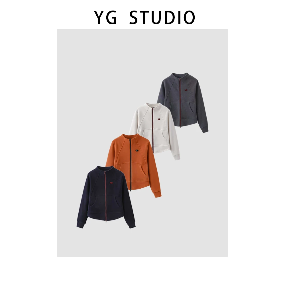 YG2526韩版加绒双拉链开衫羊毛桑蚕丝时尚百搭外套短款女圆领长袖
