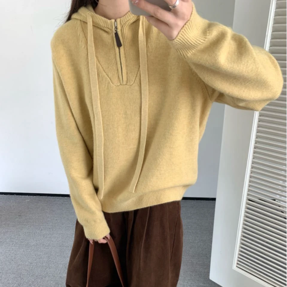 【静姐家】98276半拉链慵懒风连帽长袖针织毛衣女款2024新款上衣