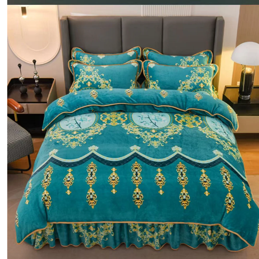 国风款牛奶绒床裙花边款四件套