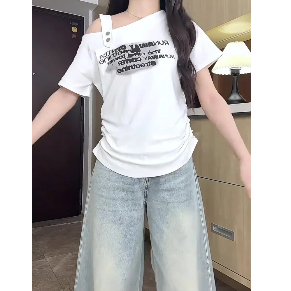 大码胖mm夏季新款设计感字母露肩别致短袖T恤女收腰遮肚百搭上衣