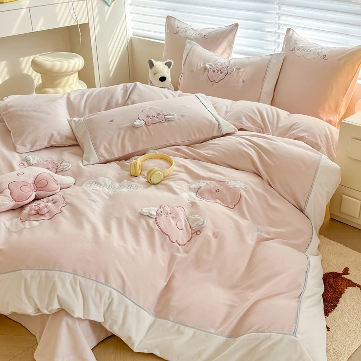 秋冬季少女心可爱小飞猪加厚全棉磨毛四件套保暖纯棉被套床上用品