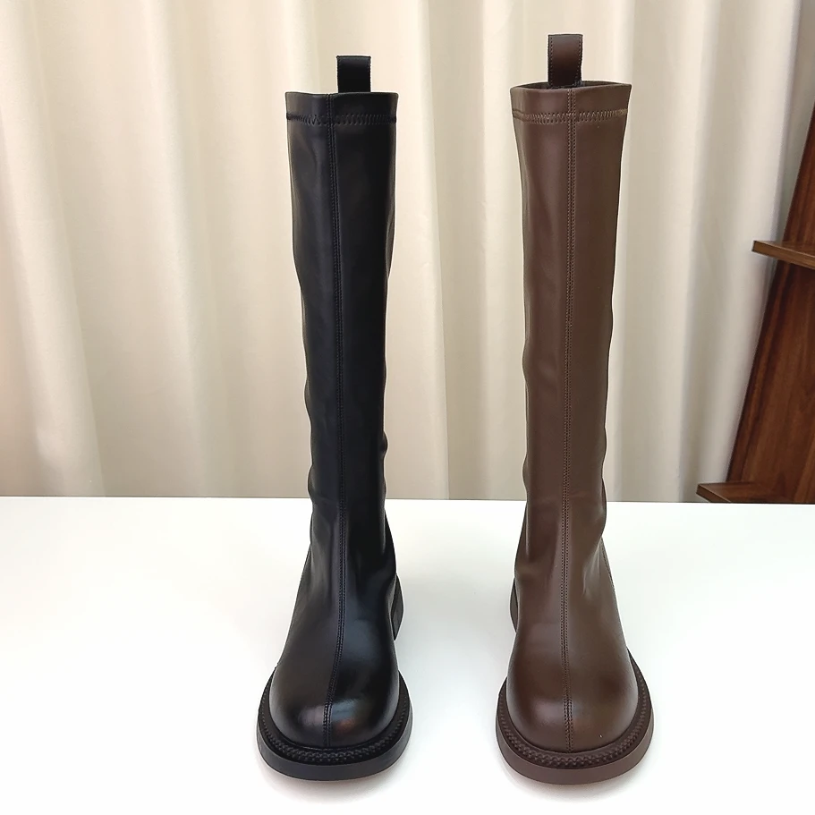 高个子平口薄底高筒骑士靴秋冬加绒大码英伦不过膝显瘦长筒靴女靴