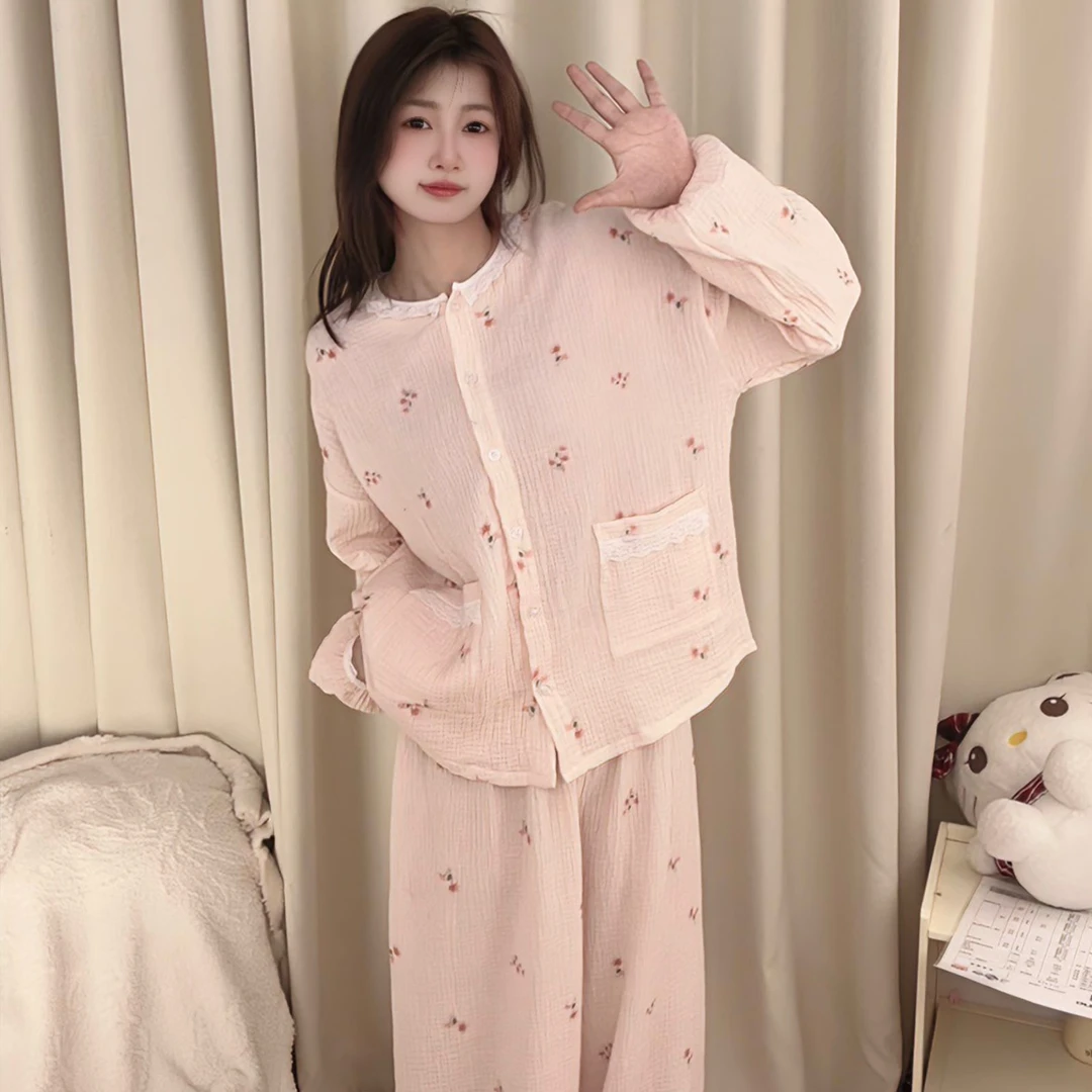 吸汗夏季薄款透气轻薄纯棉宽松睡衣家居服套装夏天简约家居服粉色