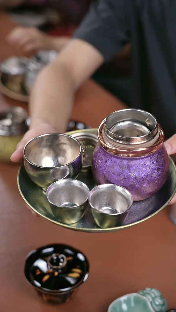 钛纯钛福禄宝瓶+钛盘 紫 配金色钛盘