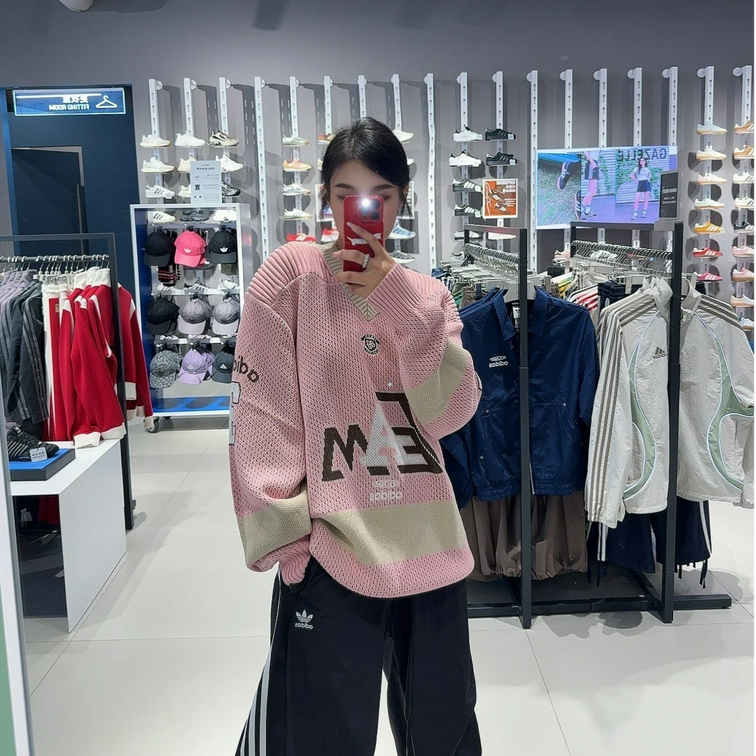 Adidas三叶草TEAM SWEATSHIRT 运动宽松V领针织衫 KF4467 KF4468