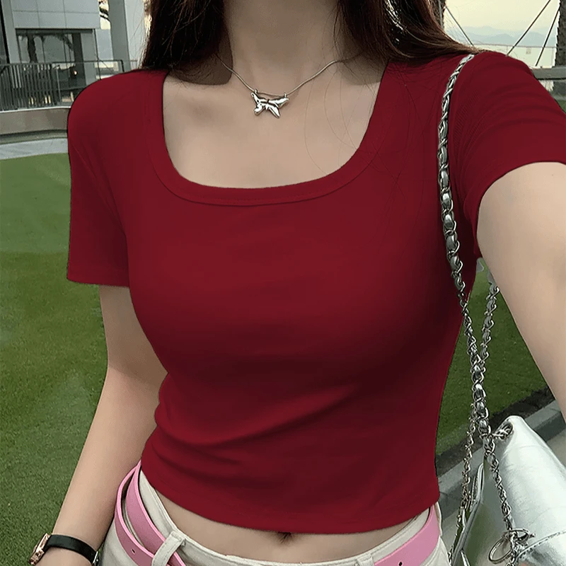 正肩方领短袖T恤女夏季新款内搭露脐高腰短款百搭小个子修身上衣