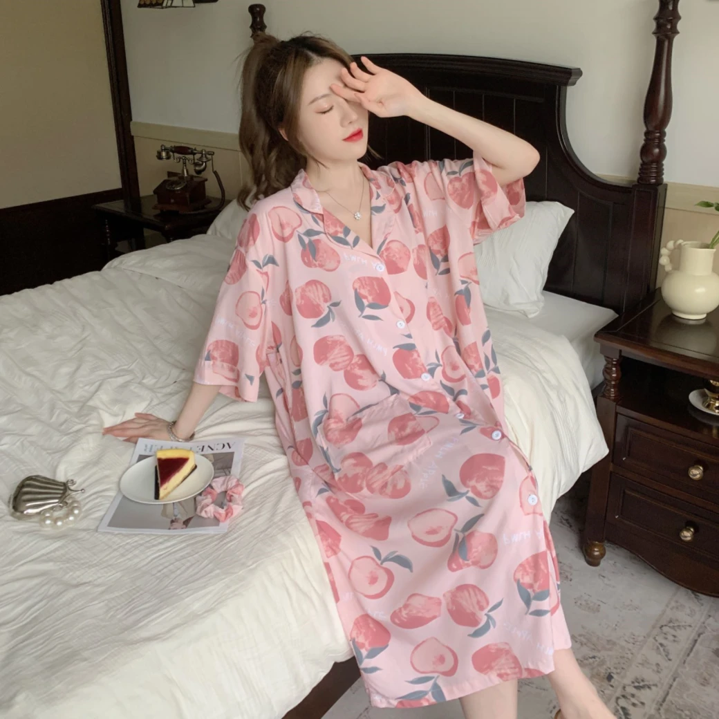 【水蜜桃-女士系列】睡衣中长款家居服开扣宽松加大夏季夏天薄款