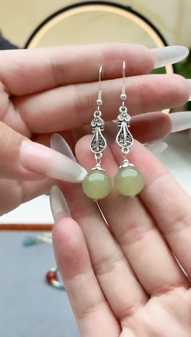 东陵石银S925镶嵌耳饰6233