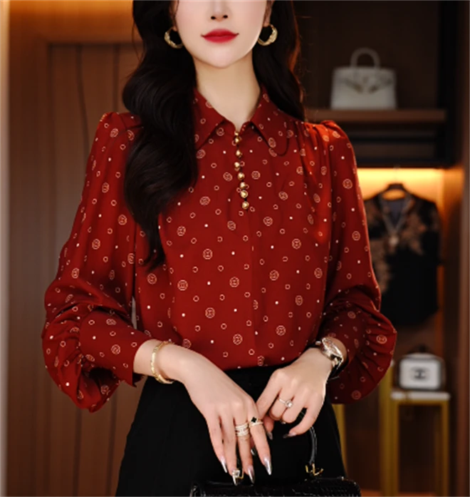 诺诗 新款洋气显瘦优雅轻奢气质印花百搭长袖V25M044