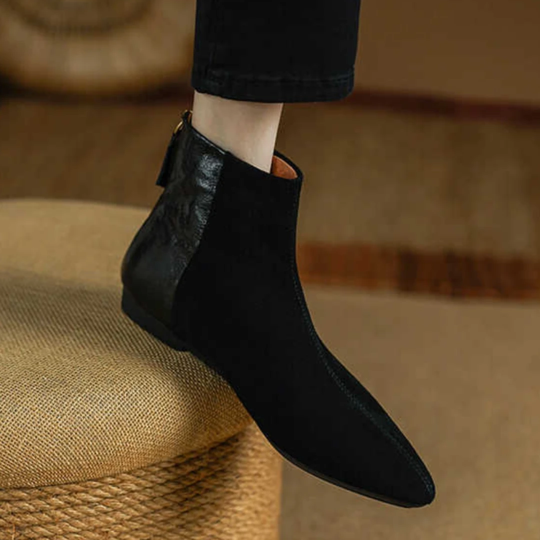 羊皮断码清仓真皮磨砂尖头平底短靴女2025秋冬新款复古英伦小踝靴