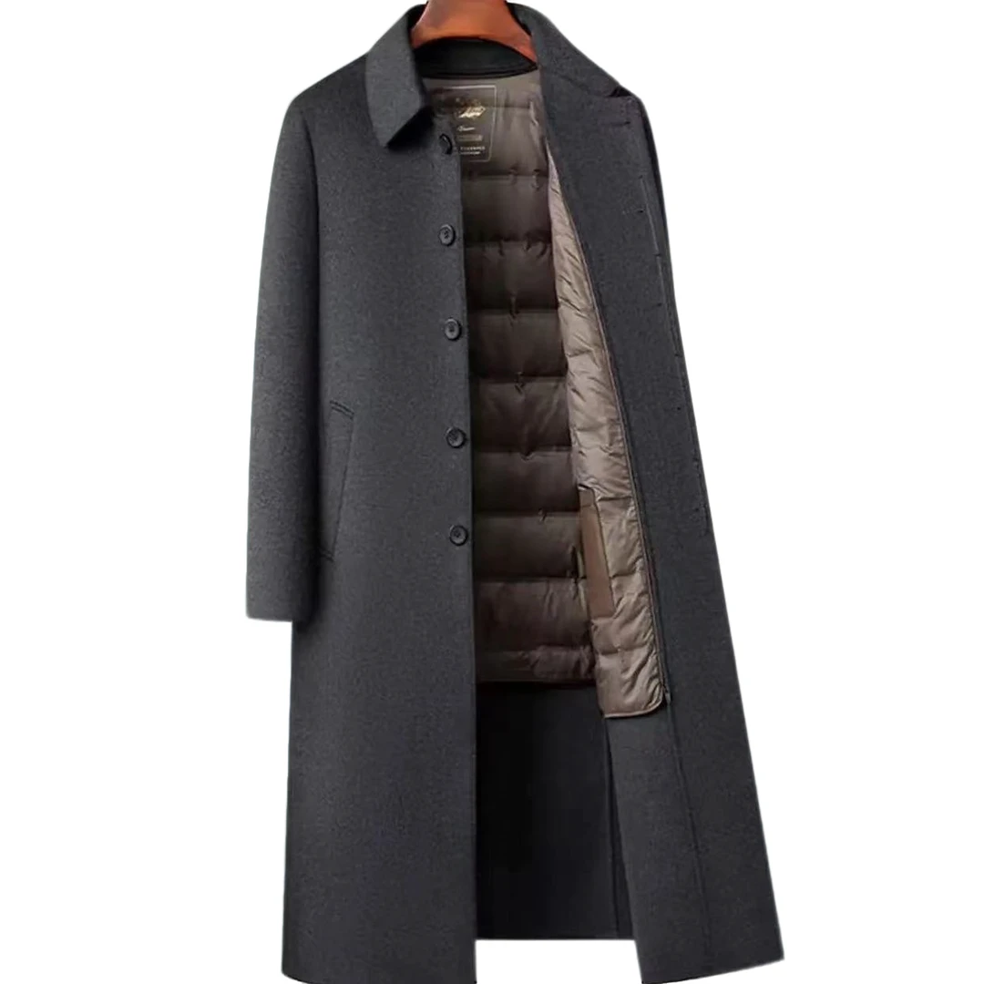 长款【双面羊毛+可拆鸭绒内胆】加大加厚羊毛大衣男士翻领休闲外套