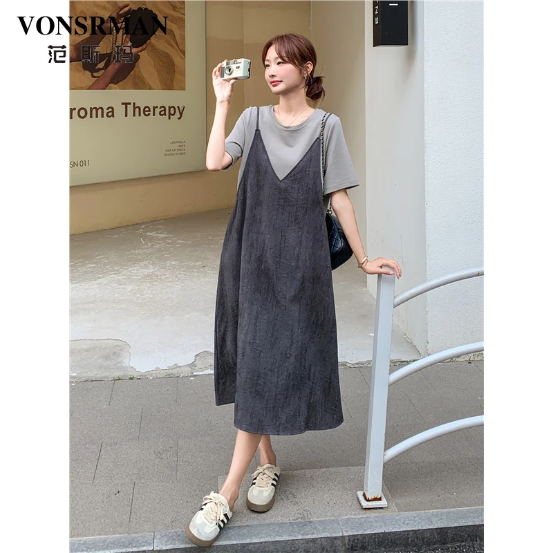 假两件拼接吊带连衣裙女2025夏季流行慵懒风气质减龄宽松T恤长裙