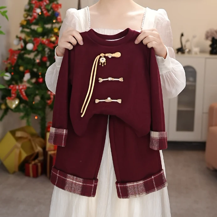 女童2025年新年战袍冬季新中式国风套装过年服安哥拉红两件套套装