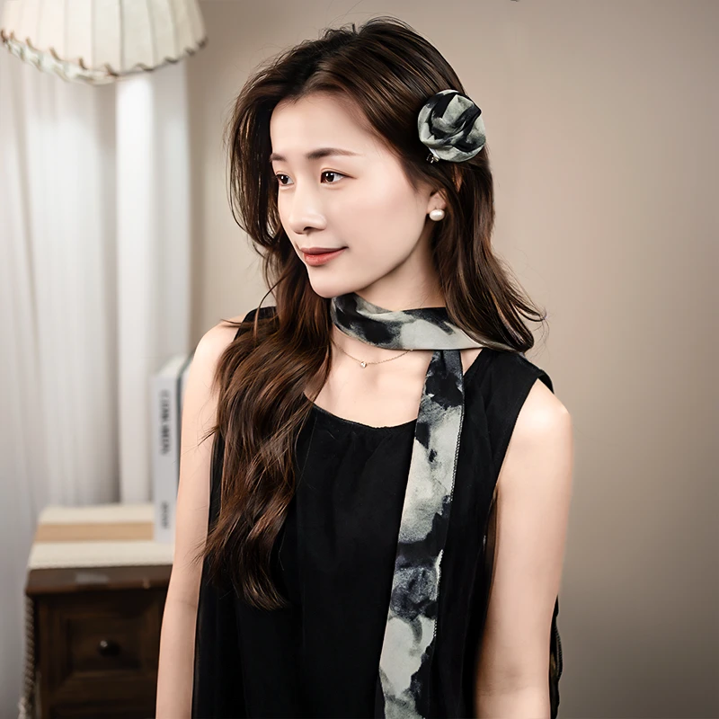 新款经典玫瑰花可分拆的凹造型百搭丝巾女夏领巾脖子配饰民族风