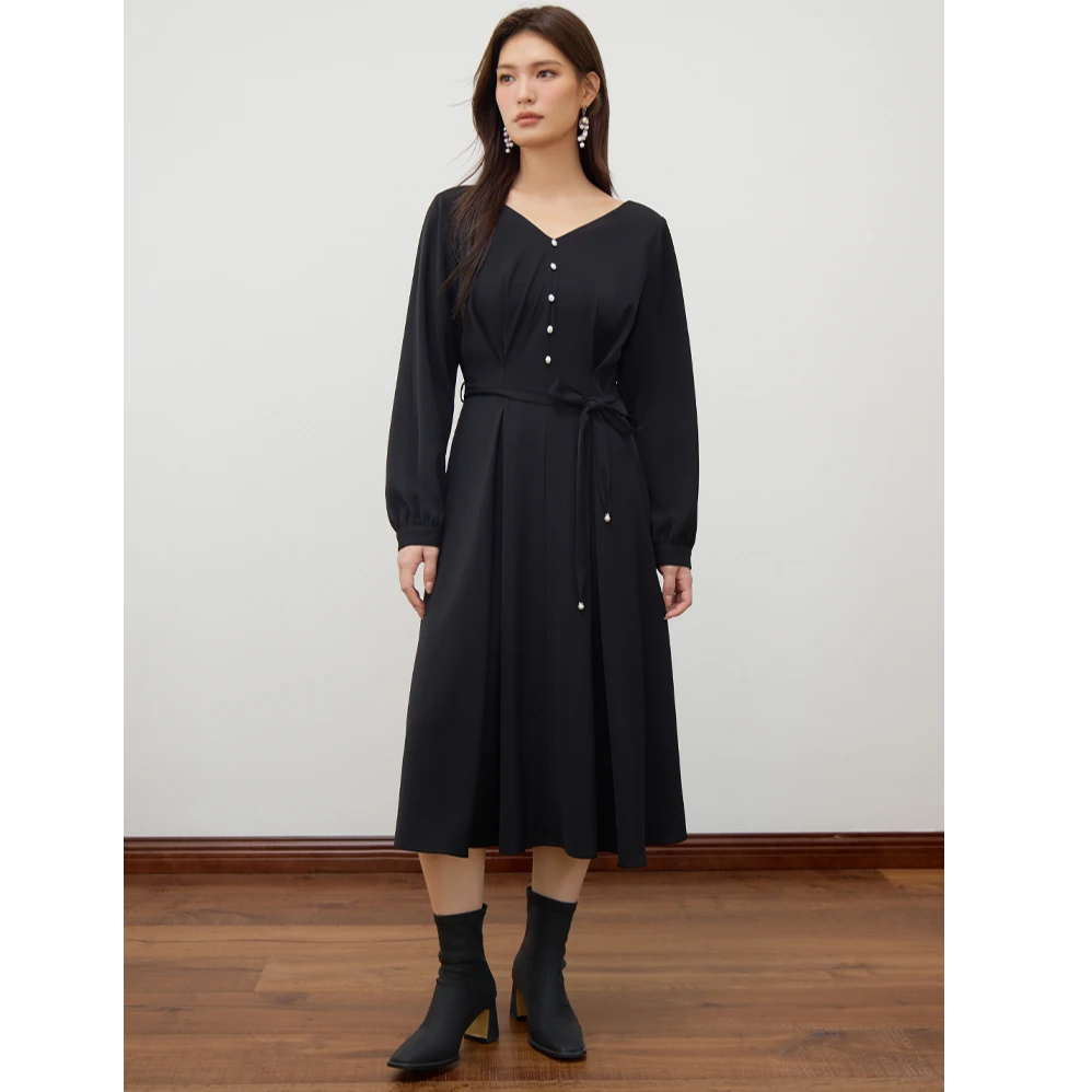 独束微胖大码女装气质通勤可两穿高腰显瘦A字长袖连衣裙24DY83321