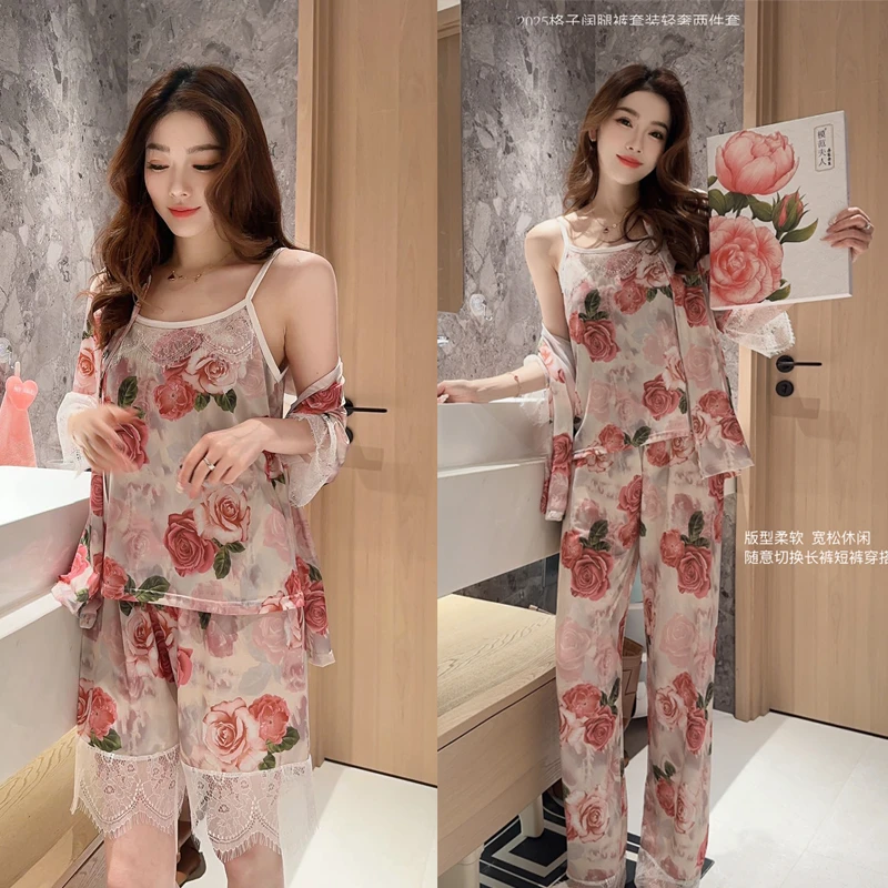 法式浪漫玫瑰睡衣四件套女夏季蕾丝边高级感轻奢家居服睡衣礼盒装