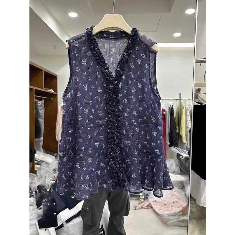 慵懒洋气韩国衬衫2025夏季松弛感时尚V领木耳边单排扣背心女上衣