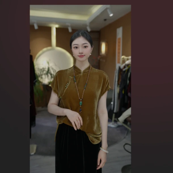 【蒂素丝绸】新中式立领100%桑蚕丝真丝丝绒上衣 +裤子 两件套535