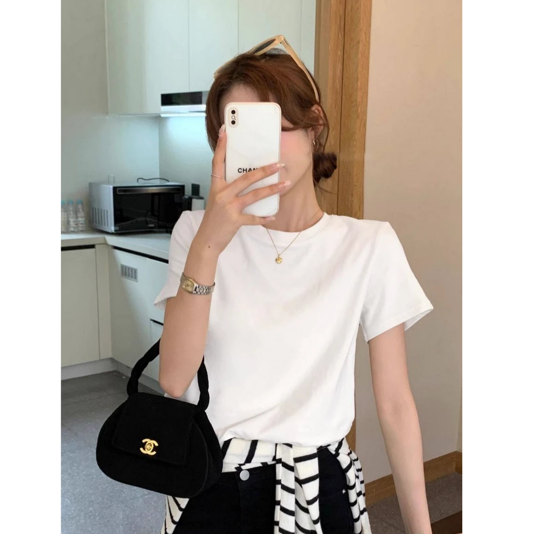 2025夏季新款纯色正肩短袖T恤小个子设计感百搭圆领显瘦上衣ins潮