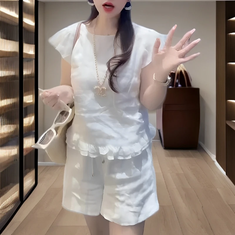 气质休闲套装女2025减龄洋气显瘦白色短袖衬衫阔腿裤子两件套