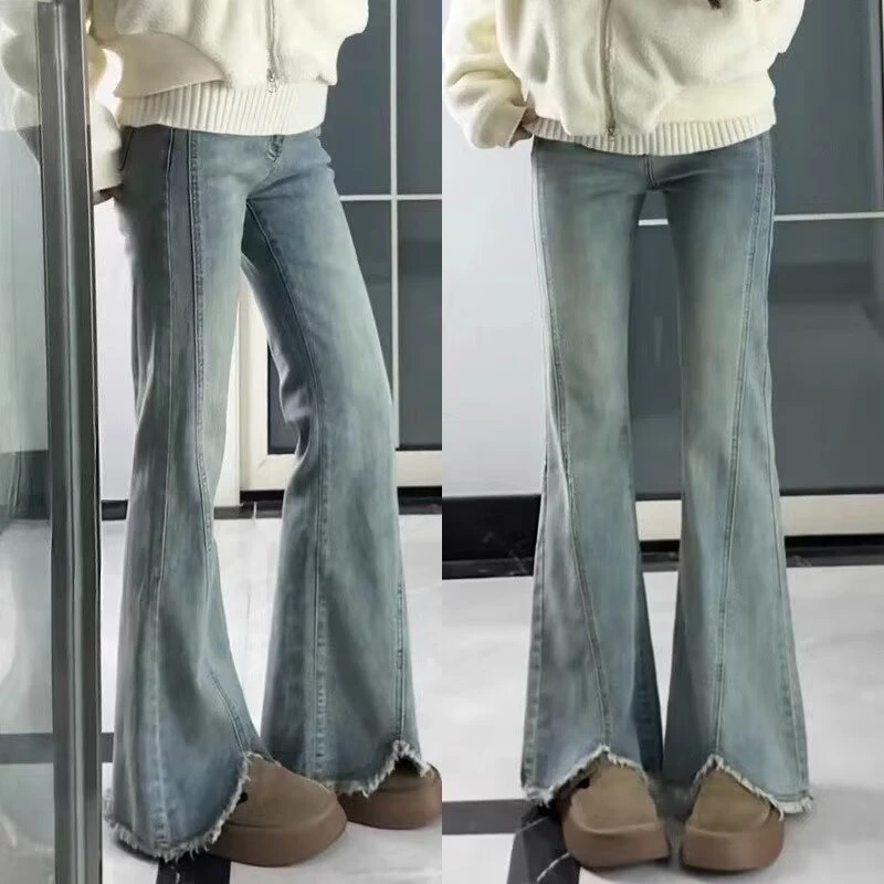 2025新款胖妹妹窄版微喇牛仔裤女毛边设计感高腰显瘦遮跨喇叭裤